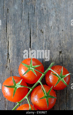 Frische, reife Tomaten auf Holz Stockfoto