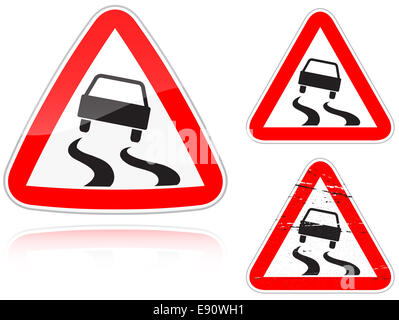 Varianten einer rutschigen Straße - Verkehrszeichen Stockfoto