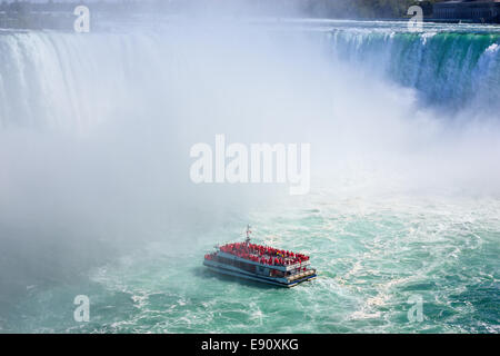 Die Hornblower voller Touristen betreten die Horseshoe Falls, Teil von Niagara Falls, Ontario, Kanada. Stockfoto