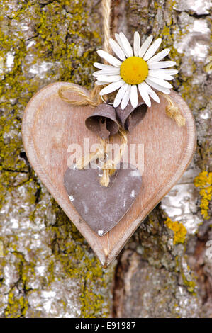 Herz aus Holz auf Baumrinde als Symbol für die Liebe Stockfoto
