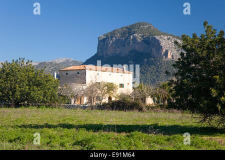 Alaró, Mallorca, Balearen, Spanien. Typisch mallorquinische Bauernhaus unter Felder unter Puig de s'Alcadena. Stockfoto