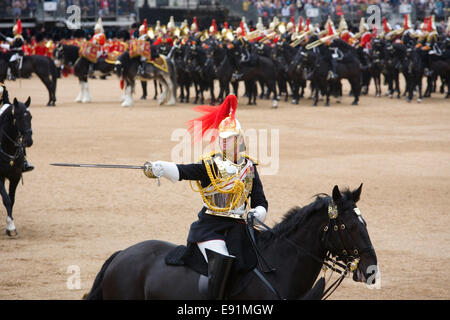 London, Greater London, England. Blues and Royals Kapitän Reiten mit ausgestrecktem Schwert bei der Oberst Review Zeremonie. Stockfoto