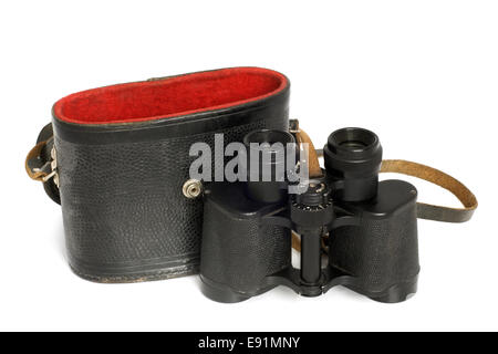 Alten Fernglas und Ledertasche Stockfoto