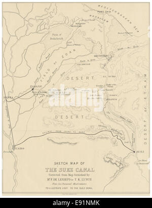Diese Skizzenkarte des Suez-Kanals aus dem Jahr 1866 veranschaulicht die vorgeschlagene Route für die Wasserstraße und hebt die geografischen Besonderheiten der Region hervor. Sie erfasst die frühen Planungsphasen einer der wichtigsten Seeverkehrsrouten der Welt, die das Mittelmeer mit dem Roten Meer verbindet und so den Welthandel und die Schifffahrt erheblich verbessert. Stockfoto