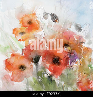 Aquarell Mohn Stockfoto