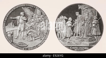 Medaille zur Erinnerung an die 400-Jahr-Jubiläum der Entdeckung Amerikas durch Christopher Columbus 1492. Stockfoto
