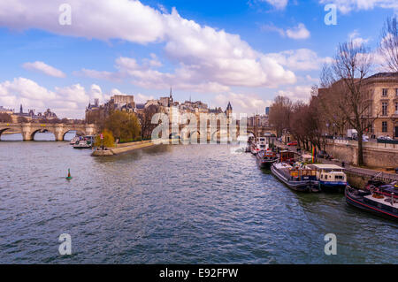 Seineufer mit Blick auf die Ile De La Cite, Pont Neuf und linken Ufer. Stockfoto