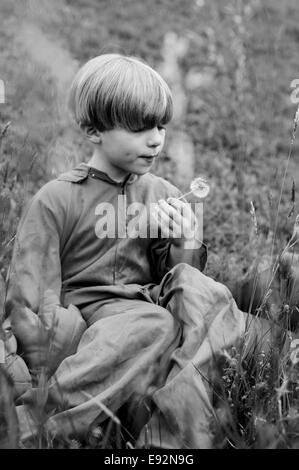 Junge im Kostüm weht Löwenzahn Stockfoto