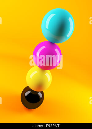 3D Render von vier Kugeln in CMYK-Farben ausgewogen aufeinander Stockfoto