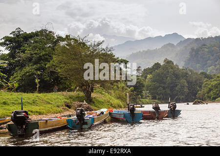 Boote mit Außenbordmotoren auf dem Fluss Melinau mit Regenwald und Berge in Ferne, Mulu, Malaysia Stockfoto