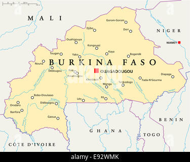 Burkina Faso politische Karte mit Hauptstadt Ouagadougou, Landesgrenzen, die wichtigsten Städte, Flüsse und Seen. Englisch beschriften Stockfoto