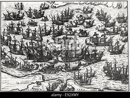 Englischen Angriff auf spanische Armada, Ärmelkanal, Illustration, 19 Juli 1588 Stockfoto