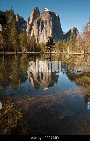 Cathedral Rocks spiegelt sich in einem Tarn im Yosemite Valley, Yosemite National Park, Kalifornien. Stockfoto