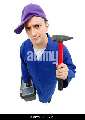 Draufsicht auf eine unangenehme Mechaniker mit Hammer und toolbox Stockfoto