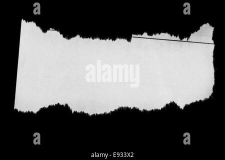 Stück zerrissenes Papier auf schwarz. Textfreiraum Stockfoto