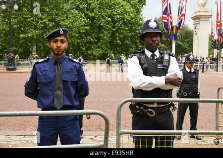 Schwer bewaffnete Polizisten auf der Wache in der Nähe von Buckingham Palace, London Stockfoto