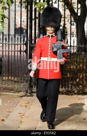 Guard steht außerhalb seines Jahrhunderts außerhalb der königlichen Residenz Clarence House Stockfoto