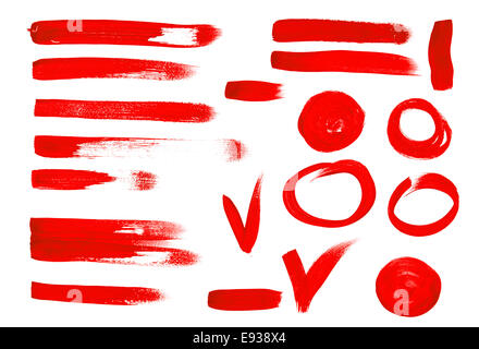 Aquarell streichelt, Flecken, Tropfen, blots und spritzt isolierten auf weißen Hintergrund. rote Zeichnung Aquarell Stockfoto