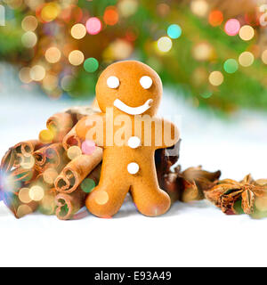 lächelnde Lebkuchenmann mit weihnachtlichen Gewürzen. selektiven Fokus. Bokeh-Licht-Effekt Stockfoto