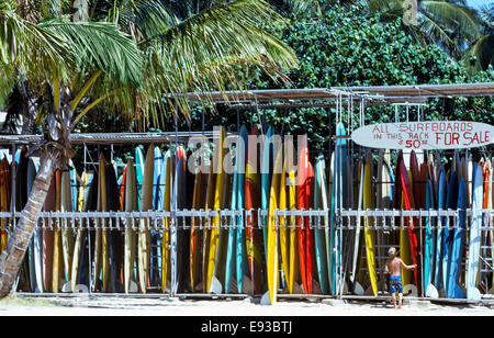 Ein sehr junger Surfer befasst sich mit den klassischen 1960er hawaiianische Surfbretter, die zum Verkauf und zur Miete direkt am Strand von Waikiki in Honolulu auf der Insel Oahu in Hawaii, USA. Im Laufe der Zeit, die Surfbretter von langen und schweren hölzernen Brettern des alten Hawaiianer zu kurze und leichte Platten aus verschiedenen Materialien hergestellt, wie z. B. entwickelt haben bedeckt ein Polyurethan-Schaumkern mit Fiberglas-Tuch, das mit Polyesterharz überzogen ist. Fotografiert im Jahre 1966. Stockfoto