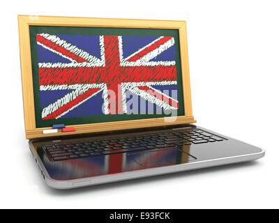 Englisch online. E-Learning. Laptop und Tafel mit UK Flagge. 3D Stockfoto