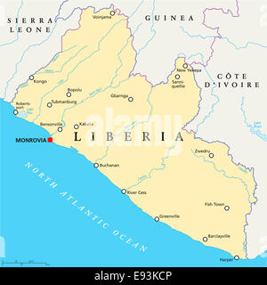 Liberia politische Karte mit Hauptstadt Monrovia, Landesgrenzen, wichtige Städte, Flüsse und Seen. Englische Beschriftung und Skalierung. Stockfoto