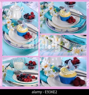 Collage aus fünf Cupcake Bilder mit Schmetterling Wafer Dekoration auf Vintage Aqua blau Fach Einstellung mit Beeren und Sahne. Stockfoto