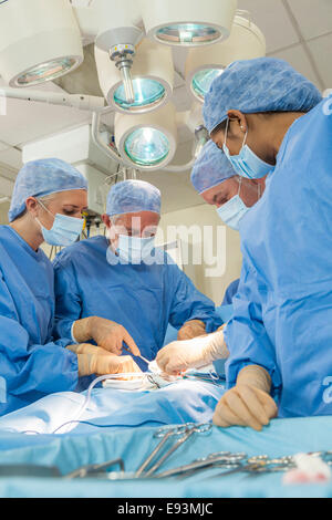 Ein Team von interracial Ärzte männlichen & weiblichen Chirurgen in der Chirurgie bei einem Patienten mit verschiedenen medizinischen Geräten in Betrieb Stockfoto