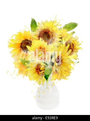 Digitales Aquarell von Sonnenblumen Blumenstrauß In Vase Stockfoto