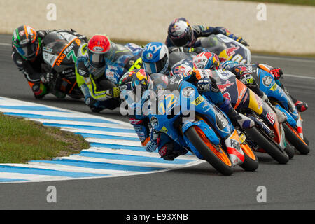 Phillip Island, Victoria, Australien. 19. Oktober 2014. Alex Marquez (vorne) führt das Moto3-Rennen die Tissot Australian Motorcycle Grand Prix. Trotz einer starken Leistung Marquez war nicht in der Lage, anderen WM-Rivalen Jack Miller zu halten und er beendete das Rennen auf dem zweiten Platz. Bildnachweis: Russell Hunter/Alamy Live-Nachrichten Stockfoto