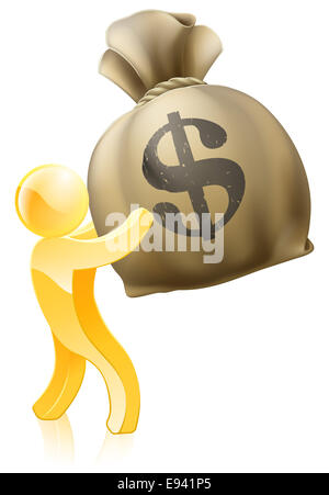 Ein gold Person Maskottchen ein Riesen Geld Beutel mit einem Dollarzeichen festhalten Stockfoto