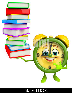 Comicfigur Tischuhr mit Stapel Bücher Stockfoto