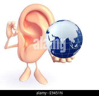 Cartoon-Figur des Ohres mit Globus Stockfoto