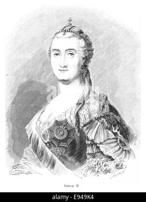 Diese Vintage-Illustration von L. Facnion zeigt Katharina II., auch bekannt als Katharina die große, Kaiserin von Russland. Das Kunstwerk unterstreicht ihre historische Bedeutung und Führung während der Expansion des Russischen Reiches im 18. Jahrhundert. Stockfoto