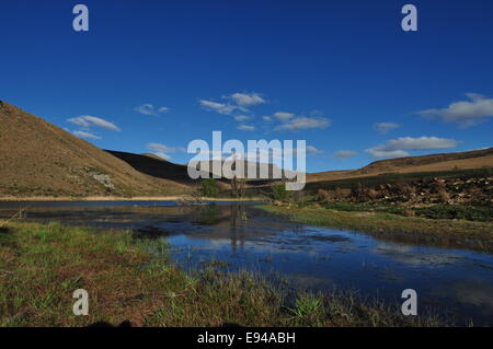 Blick auf Bauernhof Damm mit Berge blauer Himmel und ein paar Wolken in der Nähe von Tarkastad in Eastern Cape-Südafrika-Landschaft. Stockfoto