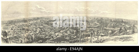 Diese Vintage-Illustration zeigt Colesberg Kopje, den Standort der Diamantenmine de Beers in Südafrika, mit Blick in den Krater. Die de Beers Mine war eine der größten und berühmtesten Diamantenminen der Welt. Stockfoto