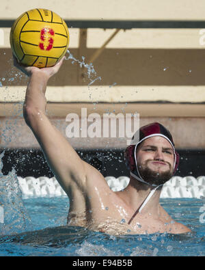 Stanford, Kalifornien, USA. 18. Okt 2014.Stanford Torwart, DREW HOLLAND, wieder den Ball in die Straftat in einem Spiel gegen USC bei Avery Aquatic Center am Samstag, 18. Oktober 2014. Stanford gewann 11-10. Der Sieg war des Kardinals zweiter in Folge gegen die Nation bestplatzierte Team nach dem Sieg über dahin-Nr. 1 UCLA am SoCal Turnier am vergangenen Sonntag Credit: Tracy Barbutes/ZUMA Draht/Alamy Live News Stockfoto