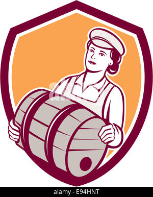 Darstellung eines weiblichen Barkeeper Arbeitnehmers Keg Satz innen Schild Wappen auf isolierte Hintergrund getan im retro-Stil tragen. Stockfoto