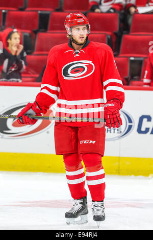 Raleigh, North Carolina, USA. 10. Oktober 2014. Carolina Hurricanes center Elias Lindholm (16) während der NHL-Spiel zwischen den New York Islanders und die Carolina Hurricanes in der PNC-Arena. Den New York Islanders gegen die Carolina Hurricanes 5-3 während der regulären Spielzeit. © Andy Martin Jr./ZUMA Draht/Alamy Live-Nachrichten Stockfoto