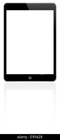 Schwarze Tablet mit Reflektion auf weiß Stockfoto
