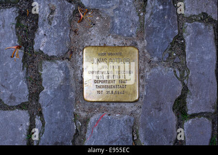 Stolperstein oder Stein des Anstoßes, Gedenktafel für Jonas Gottlob, deportiert 1942 durch das NS-regime Stockfoto