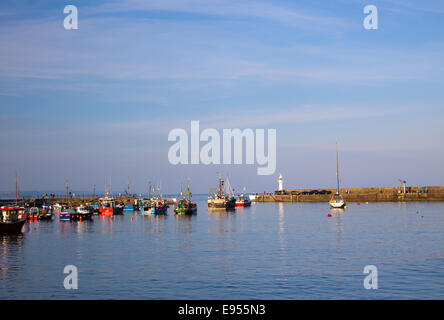 Abendlicht über die kleinen Fischerboote und das Vergnügen Yachten im äußeren Hafen von Mevagissey, Cornwall, England, UK. Stockfoto