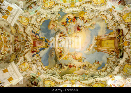 Fresko an der gewölbten Decke von Johann Baptist Zimmermann, Wieskirche, Steingaden, Pfaffenwinkel, Upper Bavaria, Bavaria, Germany Stockfoto