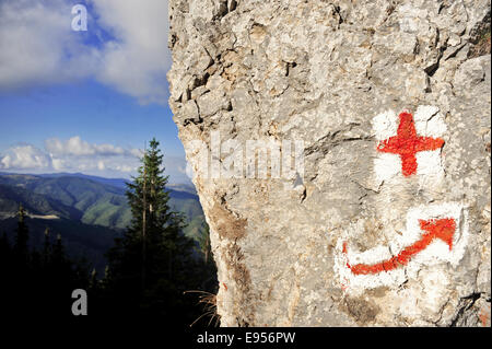 Rotes Kreuz und Pfeil-Symbole markieren eine Wanderroute auf dem Berg Stockfoto