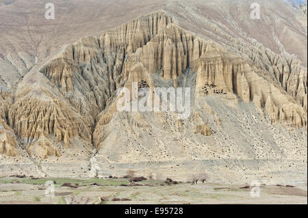 Prähistorische Höhlen in einer bizarren Erosion Landschaft, in der Nähe von Ghami, Upper Mustang, Lo, Nepal Stockfoto