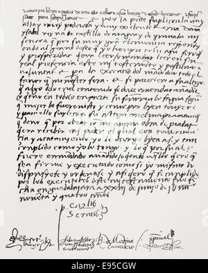 Brief von Kardinal Pedro González de Mendoza, in seiner eigenen hand, Königin Isabella i. von Kastilien, benennen ihre Vollstrecker seines Willens Stockfoto