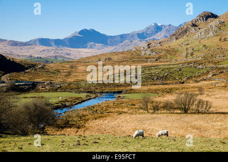 Blick entlang Tal Afon Llugwy und Snowdon Horseshoe Bergkette von Capel Curig Conwy North Wales UK Großbritannien Stockfoto