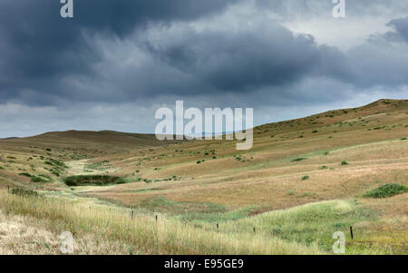 Zinnoberrot, Nebraska, USA - offenen Prärie, Grünland, und trockenes Gestrüpp und Hügel unter einem drohende Himmel nahe Vermilion, Nebraska, USA Stockfoto