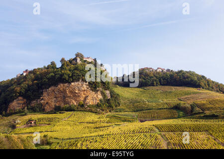 Blick zum Bergdorf oberhalb der Weinberge im Jura-Gebirge. Chateau Chalon, Jura, Franche, Frankreich, Europa Stockfoto