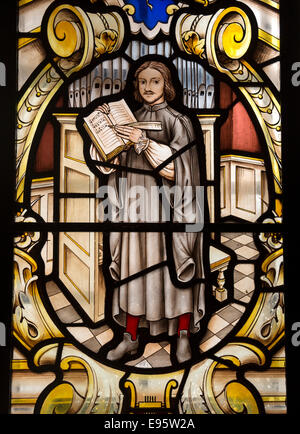 Thomas Tallis, Komponist der englischen Chormusik, dargestellt im Glasfenster in der Kirche St. Alfege, Greenwich, London Stockfoto